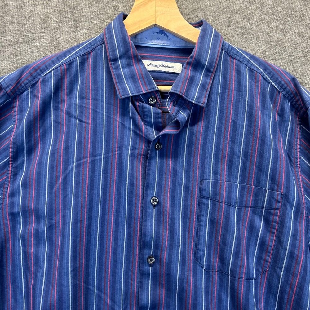 Tommy Bahama Mens Large Blue Red Striped Silk Cotton Long Sleeve Button Down